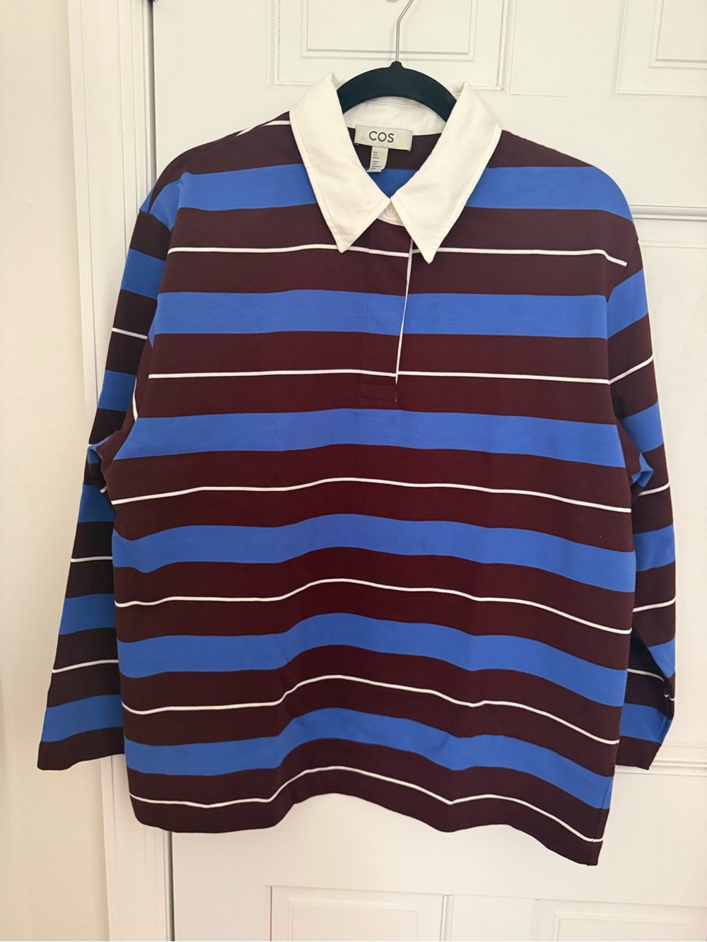 COS Rugby-Style Long Sleeve Shirt in Blue, Burgundy and White